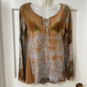 Butterfly Dropout VTG Y2K Fairy Lion Face Snap Sleave Peacock Feather Top Size S